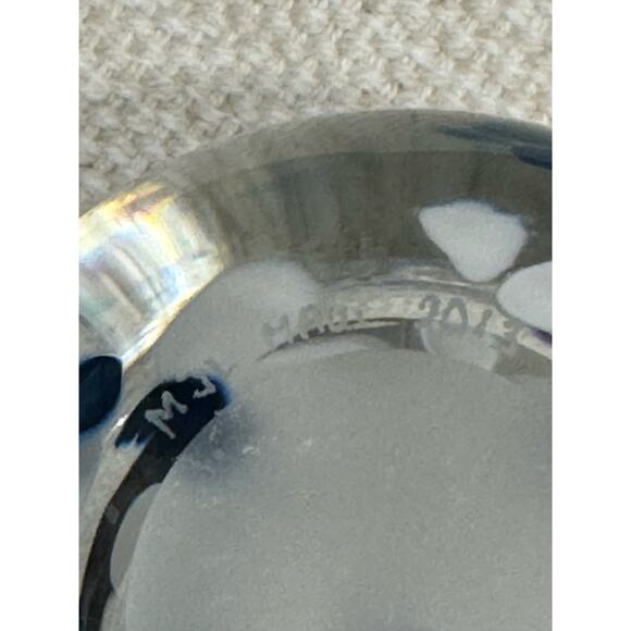 Hand Blown Glass Bowl Blue White Dots Signed Dated 3” Tall - Picture 8 of 8